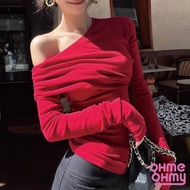 G59/One-Shoulder Sexy Red Long T/Diagonal Collar Crinkle Top/Hot Girl Style Strapless T-Shirt/Europe