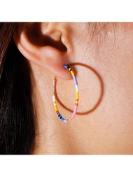 1對小種子串博霍風手工珠寶設計多色織圈耳環,女性衝浪者垂飾禮物