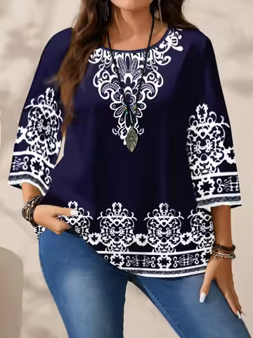Plus Size Women's Boho Print T - Shirt, Navy Blue with White Floral Patterns, 3/4 Sleeves, Super Com