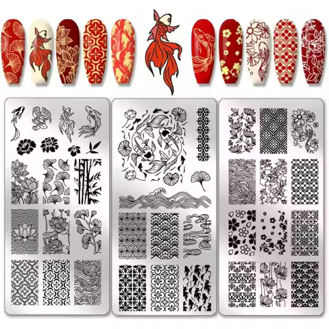 3pcs Koi Nail Stamping Plates East Lotus Nail Stamper Plum Bossom Art Stencils Print Stencils Stainl