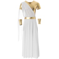 Men's 2Pcs Halloween Cosplay Ancient Greek God Costume Roman Tunic Toga Robe With Gloves White Color
