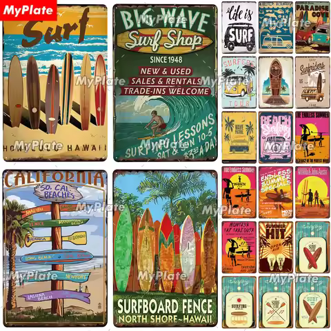 Surf Metal Sign Vintage Plaque Tin Sign Wall Decor For Beach Club Man Cave Metal Plate Big Wave Post