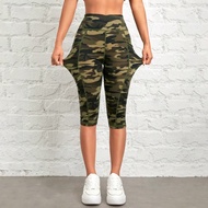 Camo พิมพ์เสื้อผ้าฤดูร้อนกางเกงเลกกิ้งควบคุมท้องพร้อมกระเป๋าโทรศัพท์มือถือ