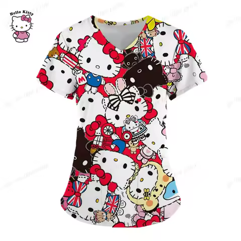 Hello Kitty Christmas Hello Kitty Print Nurse Uniform Women's Pocket Healthcare Nursing Scrubs Nurse