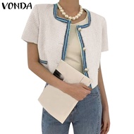 VONDA Women Korean Casual Stitching Round Neck Short Sleeves Solid Blazer