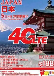 JAPAN 日本 上網卡 5日 4G 1GB +128kbps 無限數據卡 SIM CARD