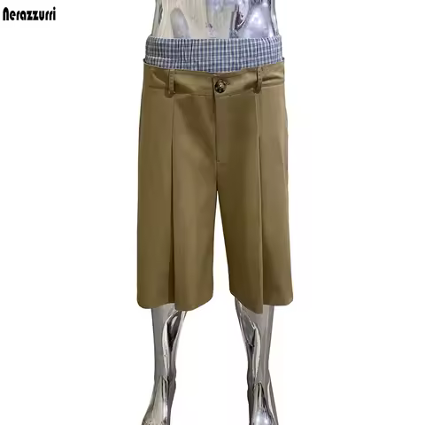 Nerazzurri Summer Plaid Patchwork Khaki Shorts Men Double Waist Knee Length Pants Luxury Designer Me