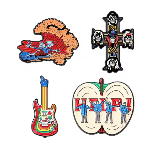 Rock Band Vintage Punk Skull Cross Enamel Pin Rainbow Electric Guitar Apple Help Brooch Rock Music J
