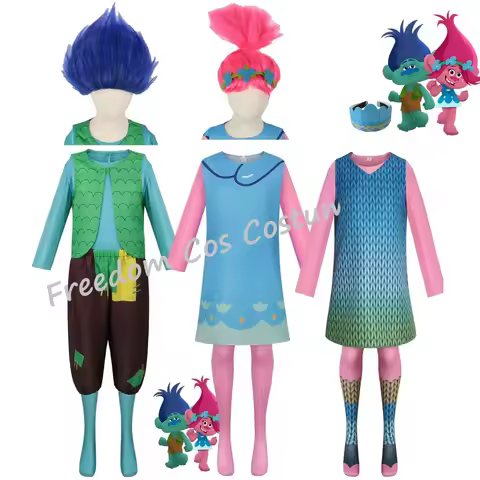 Anime Magic Elf Cosplay Costume Boys Trolls Branch Top Pants Set Girls Poppy Dress Halloween Outfits