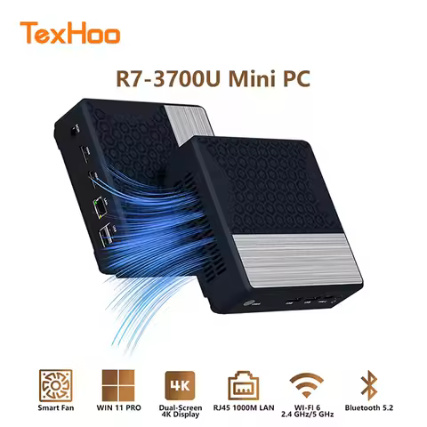 TexHoo Mini PC, AMD R7-3700U/R5-3500U Win 11 Pro DDR4 2400MHz M.2 PCIE3.0 NVME SSD WiFi 6 BT5.2 Low-