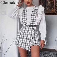 Glamaker Plaid high waist skirt tweed skort culottes Sexy buttons club short skirt female Fringe A-l