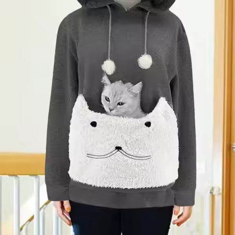 Little Pet Animal Carrier Sweatshirt Women Girls Kitty Cat Dog Pouch Big Pocket Puppy Kangaroo Loose