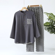Spring Cotton Double Layer Gauze Couple Pajamas Long Sleeves Trousers Thin Round Neck Pijama Mujer f