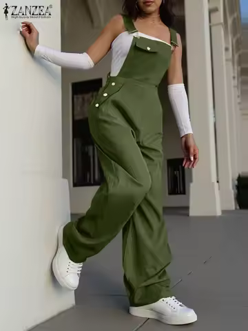 ZANZEA 2025 Summer Women Solid Color Rompers Casual Loose Suspender Playsuit Holiday Pocket Long Pan