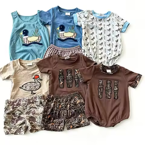 Wholesale Summer Baby Boys Khaki Camo Duck Sibling Brother Infant Toddler Clothes Sets Newborn Rompe