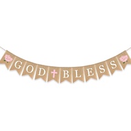Flower God Bless Banner Baptism Burlap Garlands Girl Pink Cross Floral First Communion Christening D