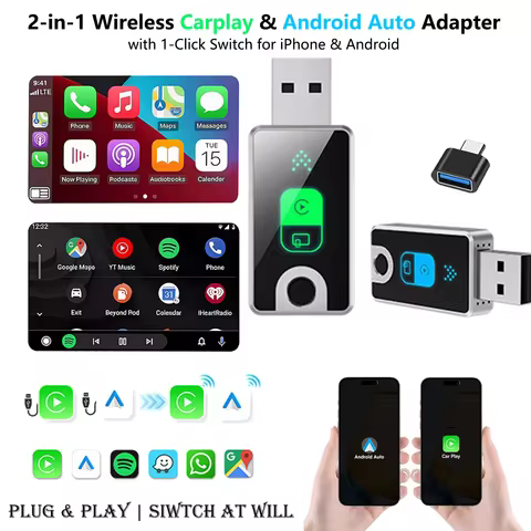 2-in-1 Wireless Carplay & Android Auto Adapter,Plug & Play Car Play Adapter with One-Click Switch fo