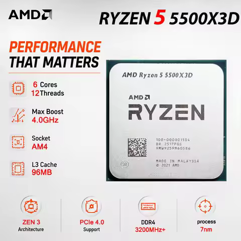 Ryzen 5 5500X3D AMD CPU Processor New R5 5500X3D 3.0 GHz 6-Core 12-Thread 7NM L3=96M Socket AM4