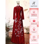 Mother's ao dai, high-quality hand-embellished ruby silk ao dai with peach branches, size S - 4XL