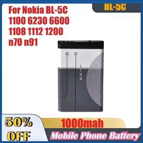 BL-5C 1000mAh Mobile Phone Battery for Nokia BL-5C 1100 6230 6600 1108 1112 1200 N70 N91 Replacement