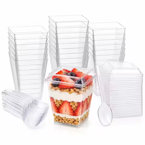 150ml Square Clear Plastic Mini Treat Cups Set of 50 Complete with Lids and Spoons,Multi-Purpose To-