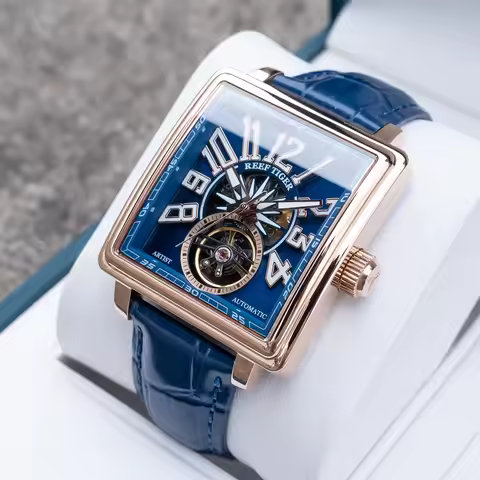 Reef Tiger Men Automatic Watch 39mm Square Mechanical Wristwatch Luminous Skeleton Dial Sapphire Mir