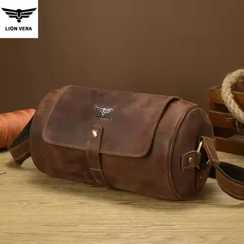 LION VERA Men's Shoulder Bag Large Capacity Retro Crazy Horse Leather Crossbody Postman Pillow Cylin