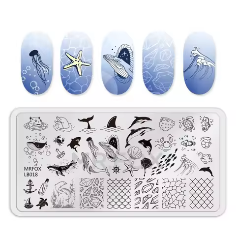 1PCS Blue Ocean Animal Nail Art Stamping Plates Fish Image Stencils for Nails Stamp Tools Manicure T