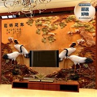 新中式8d電視背景牆壁紙5d立體浮雕壁紙鬆鶴延年壁畫客廳裝飾牆布