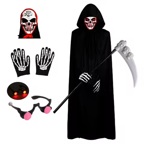 Scary Halloween Costumes for - Red-eyed Reaperwith Hood and Scythe Easter Cape with Scythe and Glowi