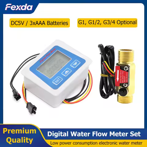 Smart Digital Water Flow Meter Set LCD Flow Rate Monitor Inline Electronic Flow Sensor with Temperat