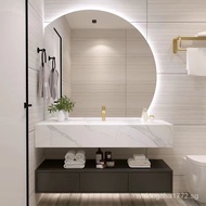 （Ready stock）Bathroom Cabinet Combination Light Luxury Stone Plate Bathroom Whole Washbin Modern Minimalist Solid Wood Wash Basin Smart round Mirror2023Style