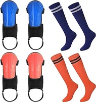 RoundFunny 2 Pairs Soccer Shin Guards with Ankle Protection and 2 Pairs Soccer Socks Kids Soccer Gear for 3-5 Years Boys Girls Football Gear Blue Orange