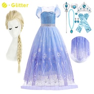 Frozen Elsa Dress for Kids Girl Blue Sequin Mesh Princess Dress Cloak Wig Crown Bag Halloween Cosplay Outfits Girl Birthday Party Role Play Clothing