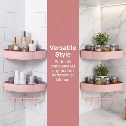 Plastic Shower Corner Shelf Multifunction Wall Mounted Corner Storage Shelf Pink No-Drill Triangle S