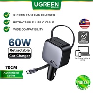 UGREEN 60W Car Charger with Retractable Cable 3 Port PD 3.0 USB Type C Fast Charging iPhone 16 17 Pr