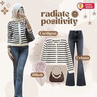 One Set 3in1 Cardigan Stripe Cardigan Cutbray Pants Jeans Hijab Square Bella | Women's outfits for g