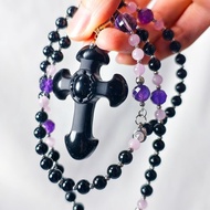 頂級黑曜石 黑碧璽 紫水晶 玫瑰念珠 天主聖物 十字架項鍊 禮物