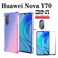 (3in1) Huawei Nova Y70 Y70 Plus Y90 Gradient Color Phone Case + Full Screen Tempered Glass + Lens Film Huawei Nova9 SE Nova 8i/ Nova 7i/7se Color Transparent Phone Case