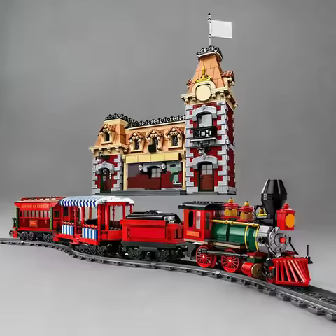 2927PCS MOC Disneyland Train and Station Assembling Building Blocks Train Station Model Educational