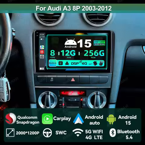 Car Radio Android 15 For Audi A3 8P 2003-2012 4G LTE Stereo Autoradio Viedo Player Multimedia QLED B