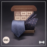 เซ็ทเนคไทเทาลายก้างปลาHerringbone+ ผ้าเช็ดหน้าสูท-Grey Herringbone Necktie+ Pocket square