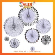Silver metallic decorative paper fans set of 8