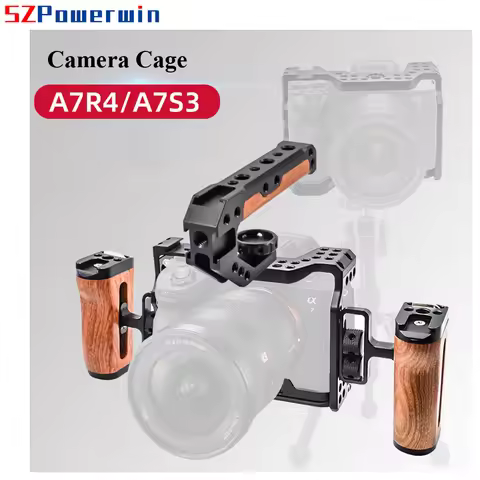 Powerwin Camera Cage For Sony A7R4 A7S3 A7M4 A74 with wooden Handle Kit Aluminum Alloy Multifunction