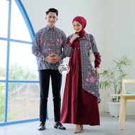 Baju Batik Couple Sarimbit Gamis Motif Bunga Kombinasi Polos Terbaru