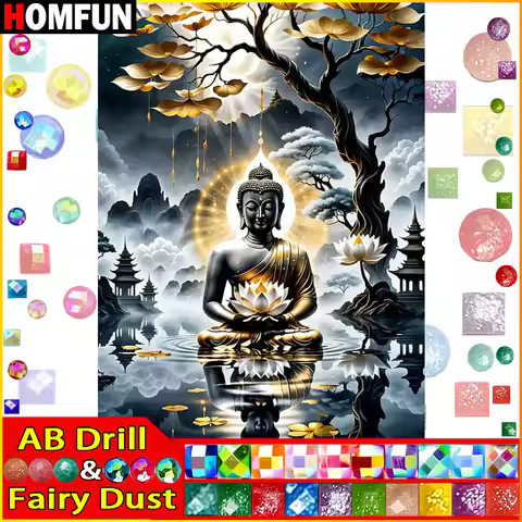 HOMFUN Fairy Dust AB Full Drill Diamond Painting "Religion Buddha Tree" DIY Picture Of Rhinestone 5D