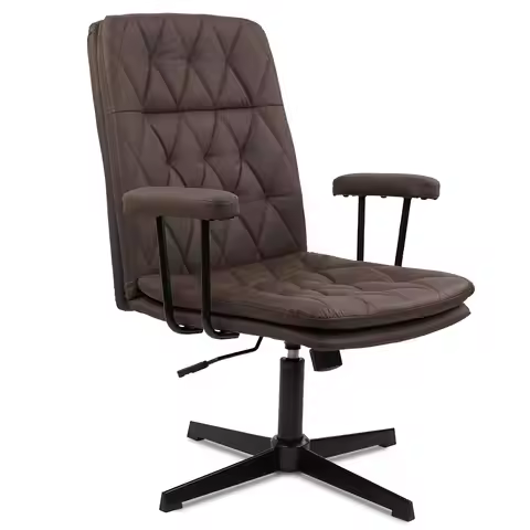 Brown Office Chair No Wheels, Leather Criss Cross Desk Chairs With Arms, Modern Cross Legged Compute