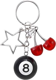 2 Set 8 ball keychain, 8 ball Creative Key Chain with Star, Cherry Keychain, Pool Ball Keychain, Bla
