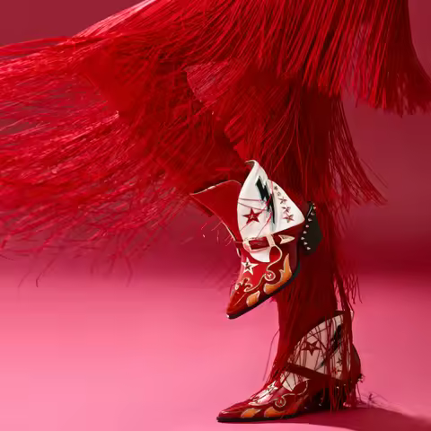 Red Multi Pointed Toe Western Cowboy Boot with Metallic Star Studs Block Heel Ankle High Female Part