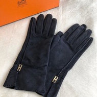【 日本直送 名牌中古包 】HERMES 愛馬仕 手套 海軍藍 品牌標誌 麂皮 手套 vintage 古董 復古 4paauh